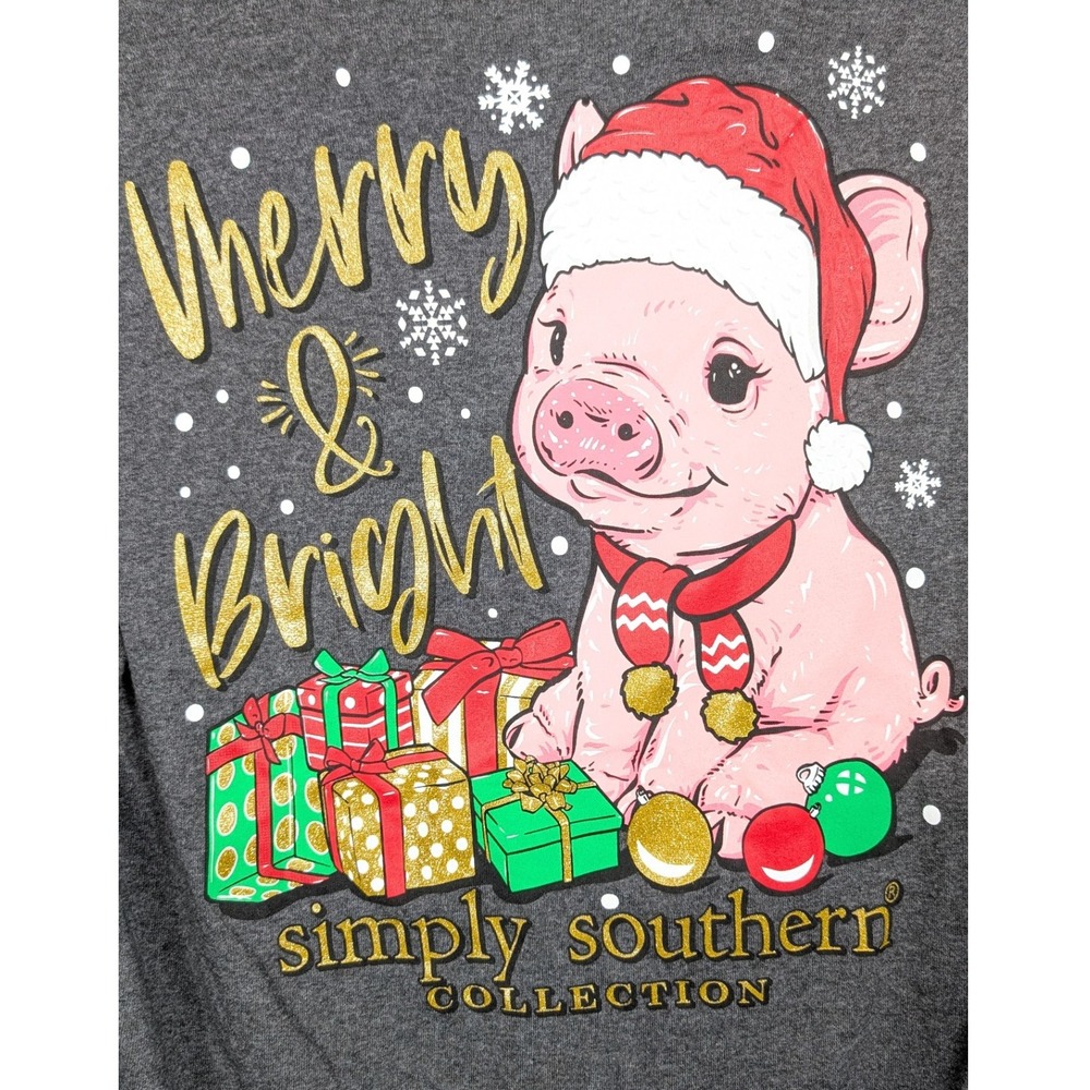 Simply Southern Collection Merry Bright Pig Christmas Long Sleeve Top - Medium - Picture 4 of 8